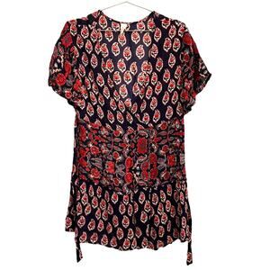 RAGA Navy and Red Paisley Viscose V Neck Babydoll Top S